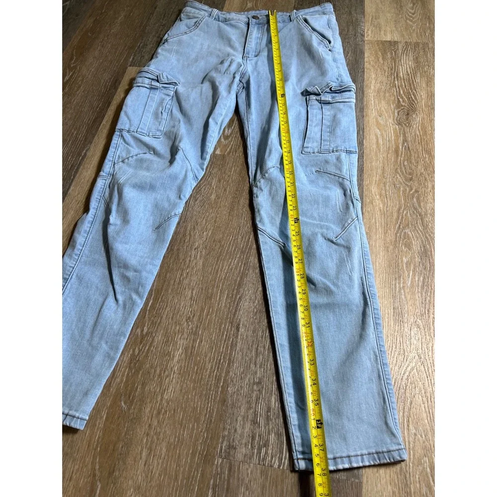 Romwe Cargo Jeans Womens 32 Light Blue Good Slim Tapered Multi Pocket Denim